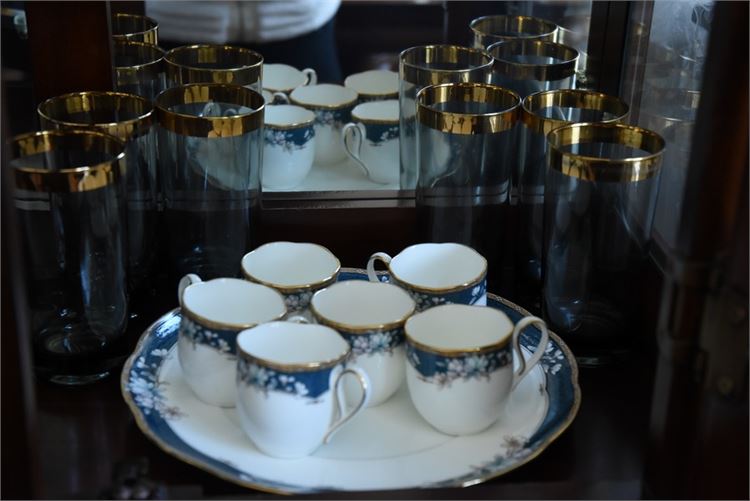 Noritake Bone China Partial Tea Service and Gold Rimmed Glasses