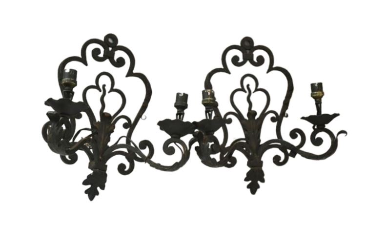 Pair Scrolled Wrought Iron Wall Sconces