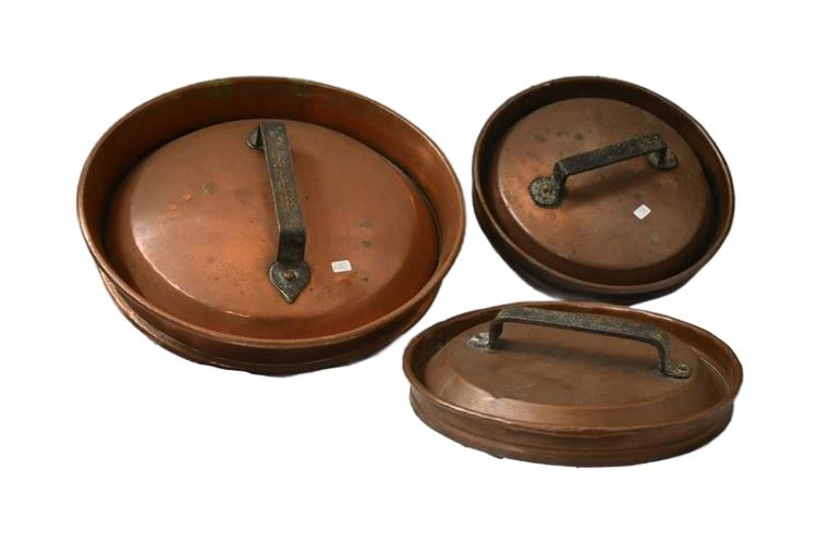 Three (3) Antique Copper Pans With Lids