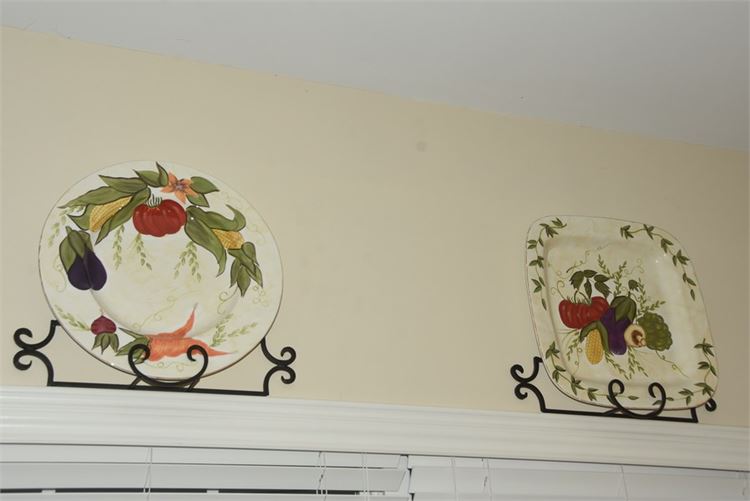 Two (2) Decorative Plates With Scrolled Metal Mounting Racks