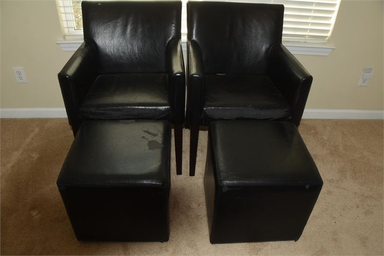 Pair Modern Leather Club Chairs With Ottomans