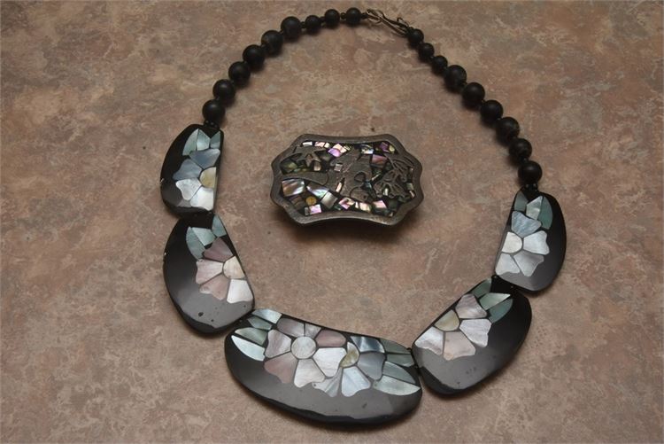 Hand Crafted Inlay Statement Necklace and Sterling Silver Buckle