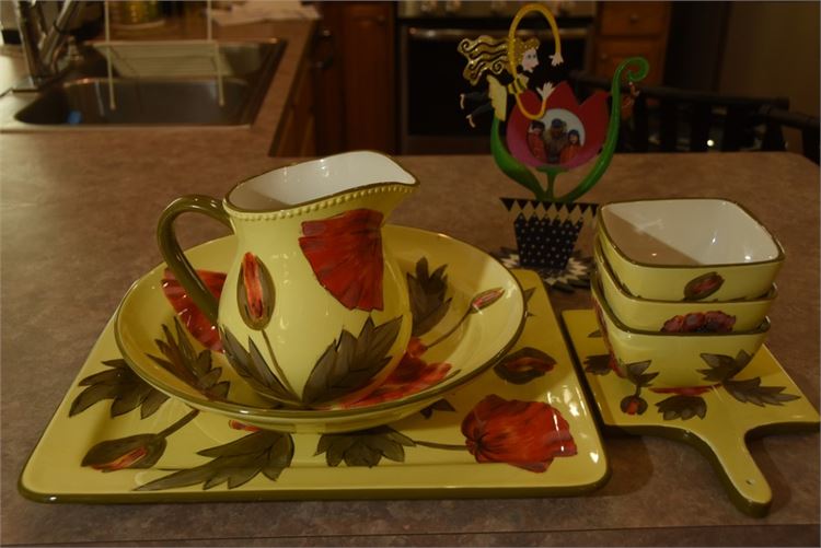 Group Rose Patterned Dishes and Decorative Figure