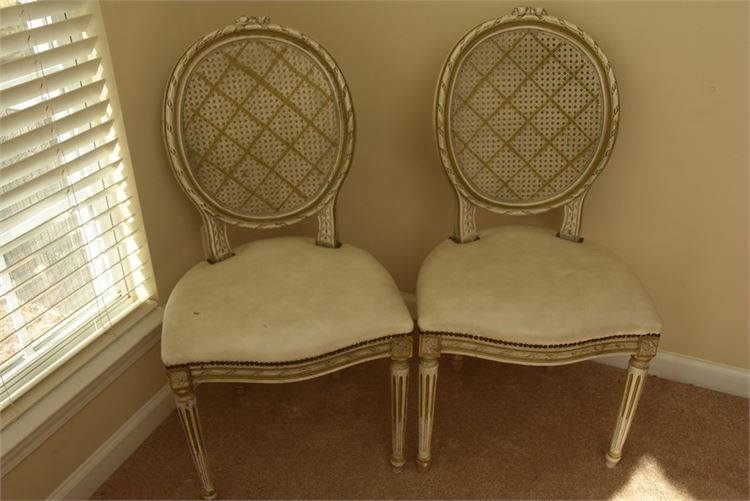Pair French Style Cane Back Carved and Painted Chairs With Upholstered Seats