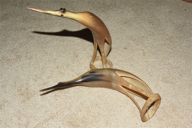 Pair Vintage Hand Carved Horn Bird Sculptures