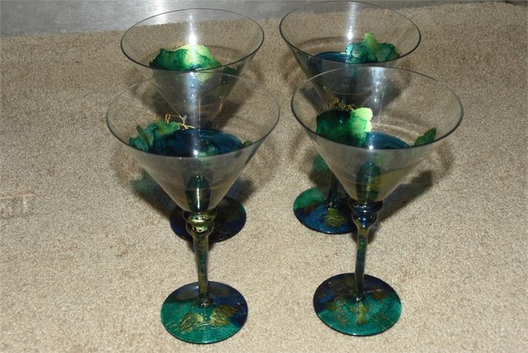 Four (4) Hand Blown Romanian Martini Glasses