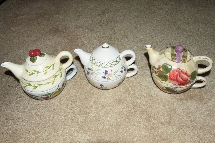 Three (3) Paint Decorated Teapots