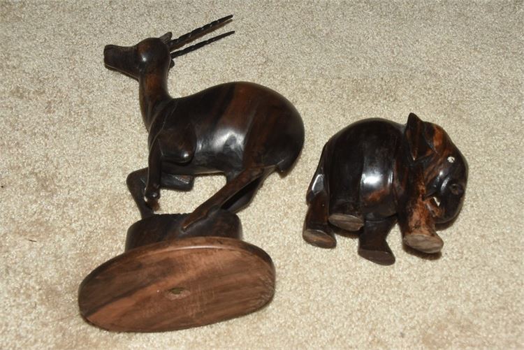 Vintage Carved Wood Elephant and Gazelle Figure