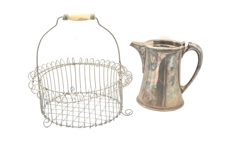 Vintage Metal Basket and Teapot