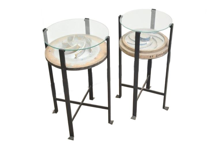 Pair Modern Industrial Glass Top End Tables