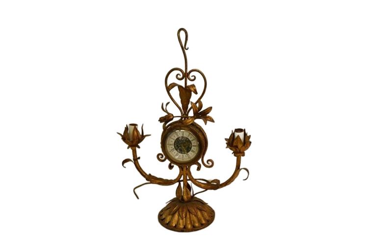 Vintage Lanshire Clock in Gilt Tole Electric Candelabra Lamp