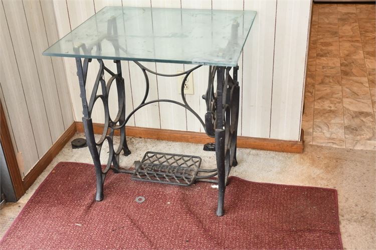 Antique Wrought Iron Industrial Base Glass Top End Table