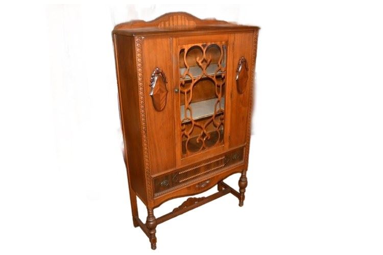 Antique Jacobean China Hutch Curio Cabinet with Glass Front and Fretting