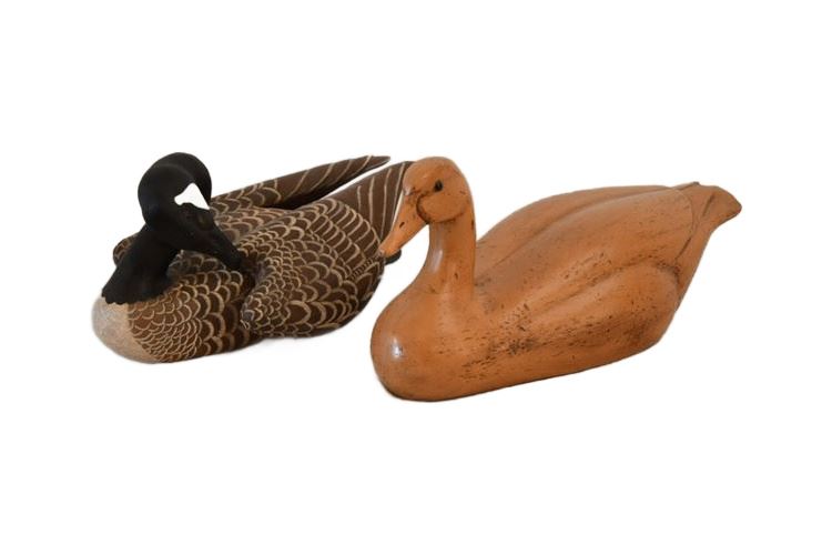 Two Large Signed Carved Wooden Duck Figures