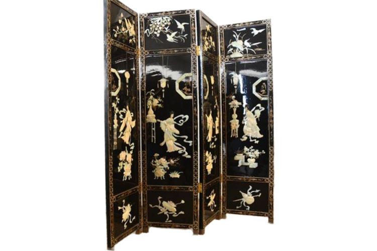 Chinese Inlaid Four Panel Black Lacquer Screen
