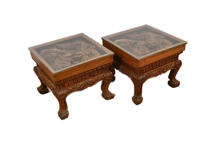 Pair Heavily Carved Asian Side Tables With Glass Top