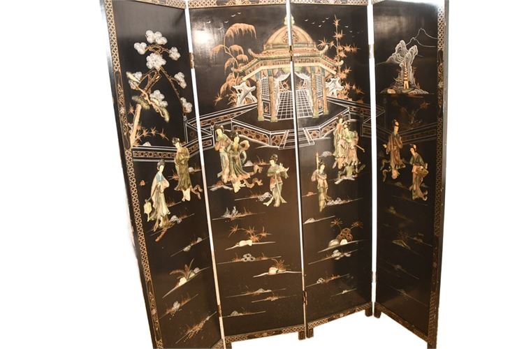 Chinese Four Panel Black Lacquer Screen