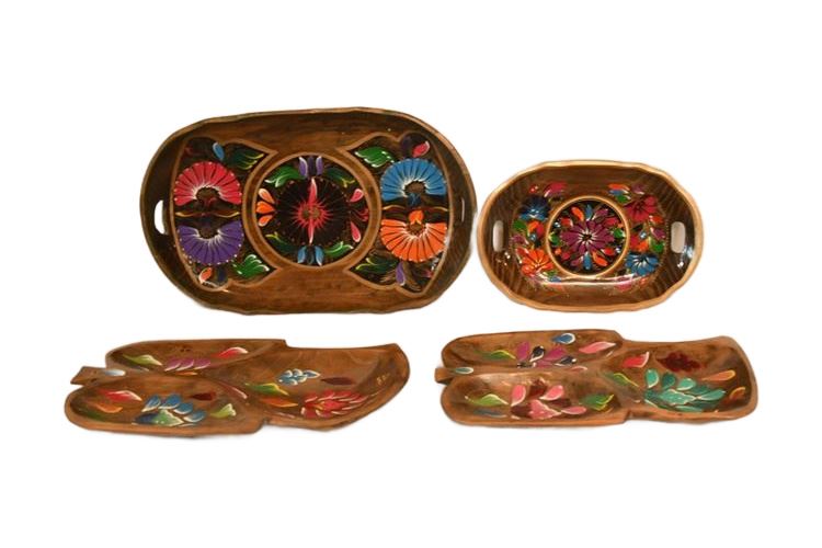 Group Vintage Mexican Batea Floral Hand Painted Wood Folk Art Dishes
