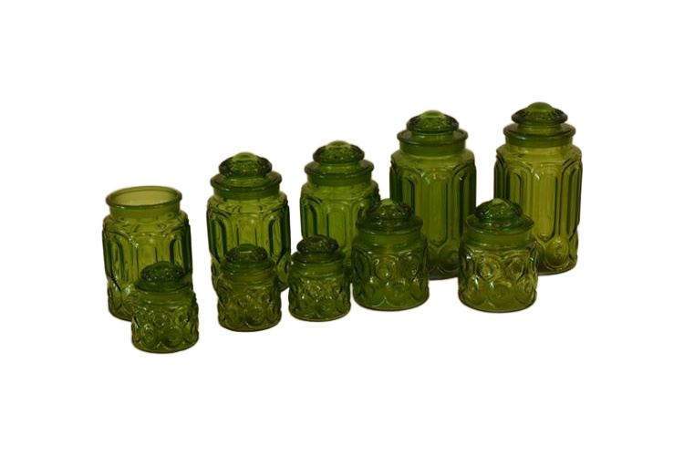 Group Green Glass Canister Jars, Flour, Sugar, Coffee, Tea Canisters