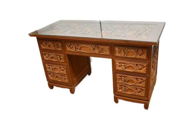 Carved Asian Knee Hole Desk With Glass Top