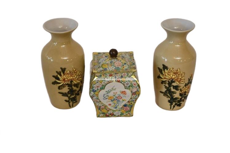 Pair Vintage Vases and Floral Pattern Tin With Lid