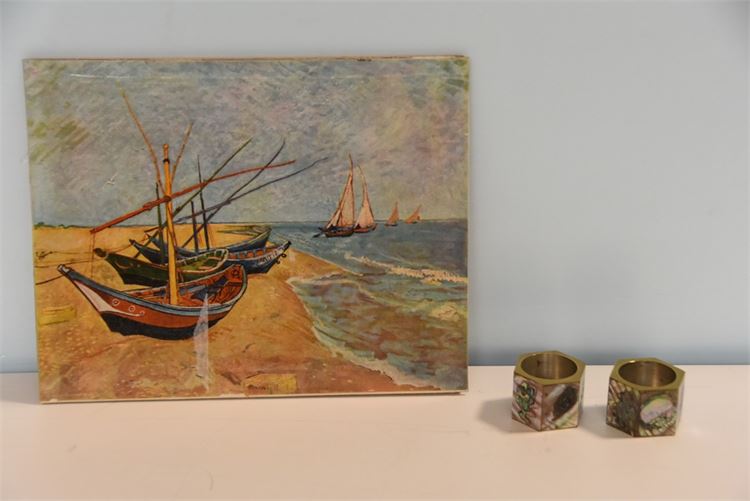 Beach Scene and Two (2) Candle Holder