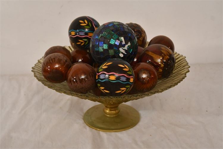 Glass Compote and Decorative Spheres