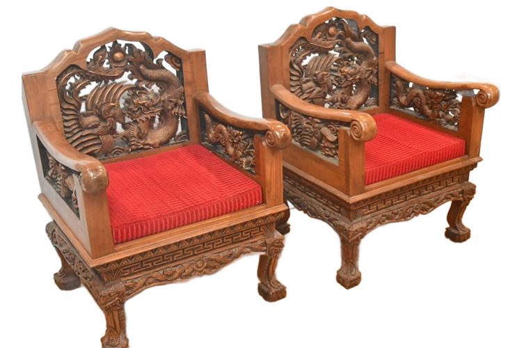 Pair Heavily Carved Armchairs