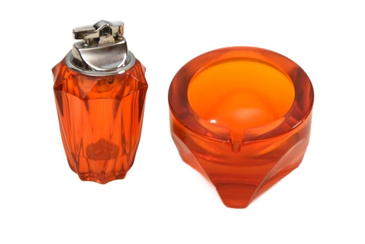 Vintage Orange Glass Lighter and Ashtray
