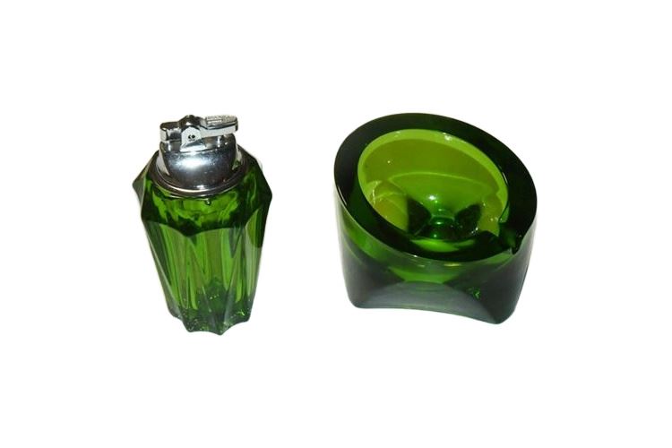 Vintage Green Glass Lighter and Ashtray