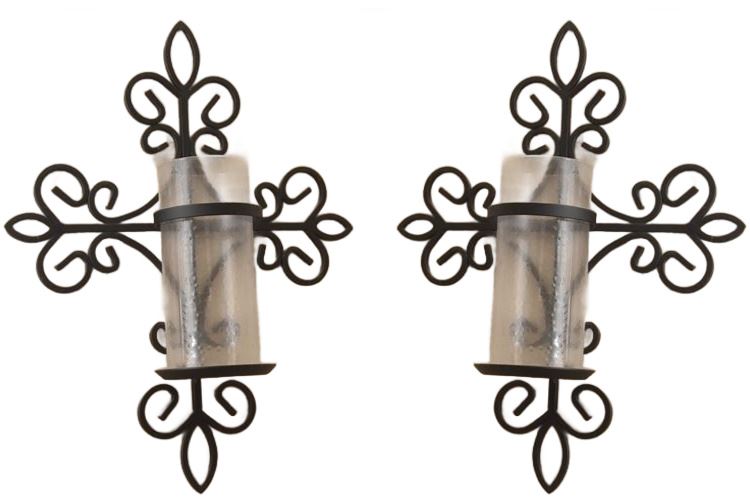 Pair Scrolled Metal and Glass Wall Sconces