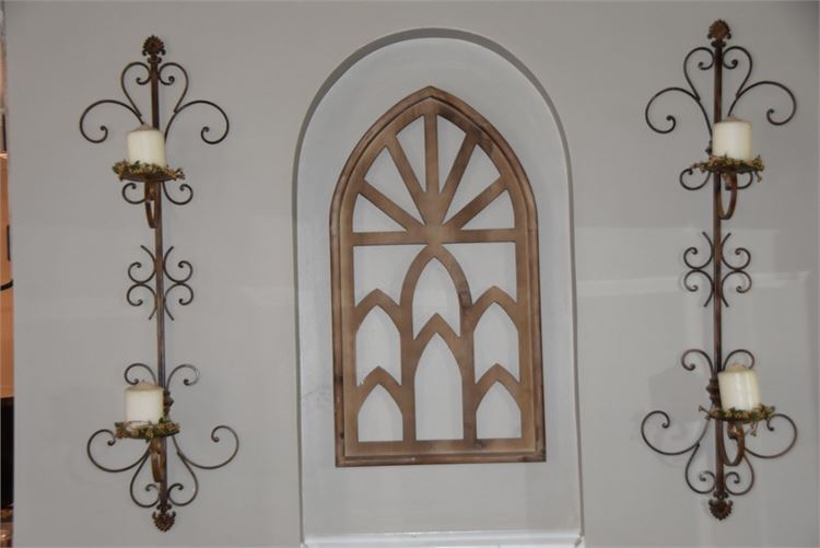 Pair Scrolled Metal Wall Sconces and Decorative Arch
