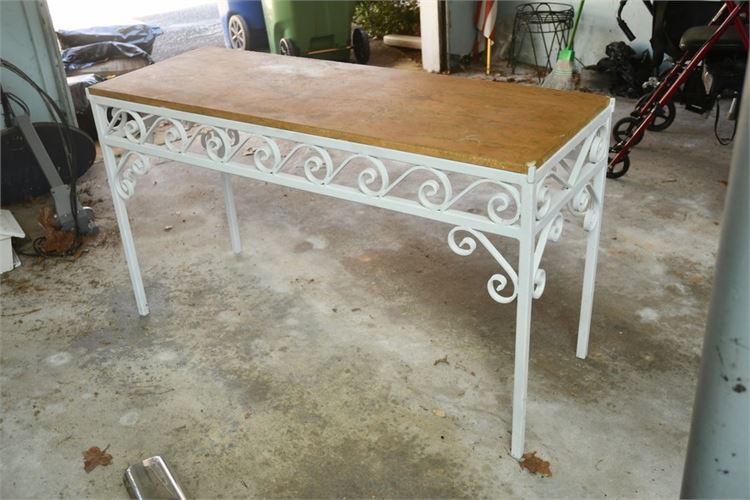 White Painted Scrolled Metal  Marble Top Console Table