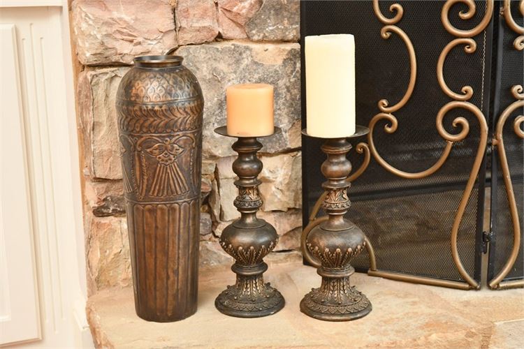 Pair Candle Holders and Decorative Vase