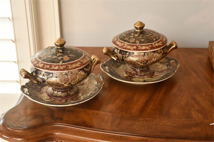 Pair Painted and Gilt Asian Lidded Bowls With Underplates