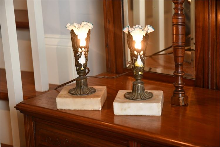 Pair Vintage Metal and Glass Table Lamps On Stone Bases