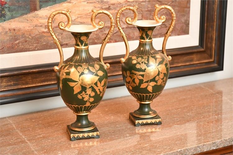 Pair Gilt ant Painted Green and Gold Floral Pattern Urns