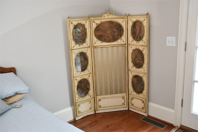 Antique Three Panel Screen With Inset Painted Panels