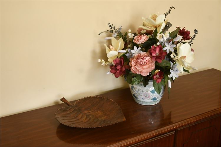 Floral Pattern Vase With Faux Flowers and Leaf Form Tray
