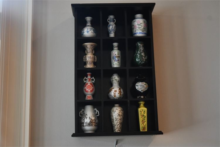 Miniature Asian Vases and Wall Mounted Display Shelf