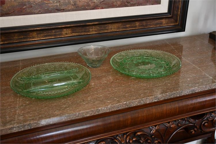 Three (3) Vintage Green Glass Dishes