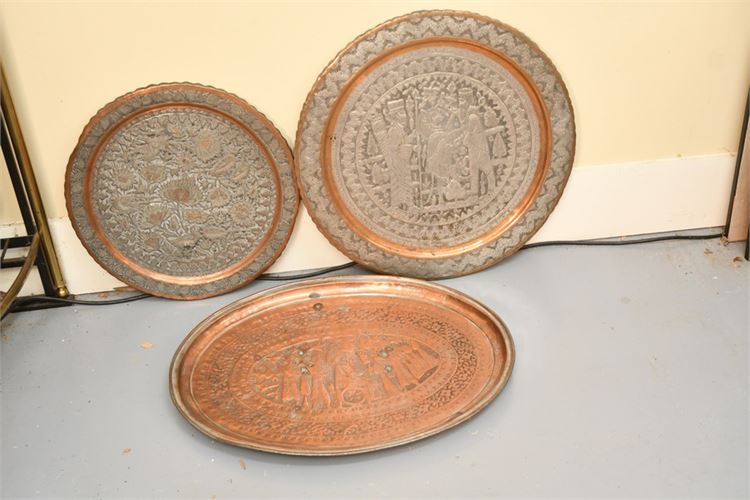 Three (3) Vintage Engraved Metal Serving Trays