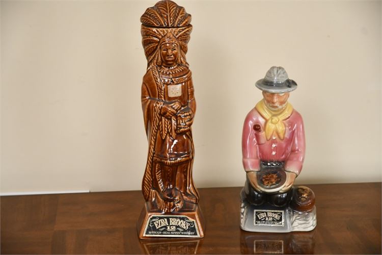 Vintage Ezra Brooks, Native American and Gold Rush Miner Decanters