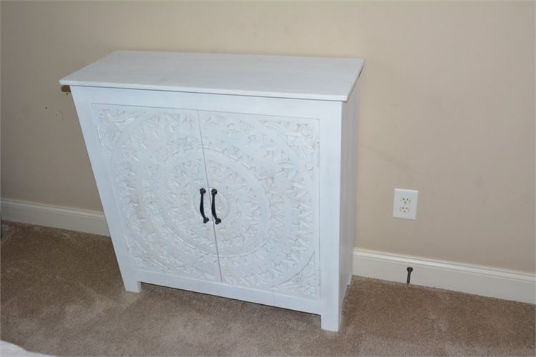 White Washed Carved Lace Mandala Design Accent Cabinet