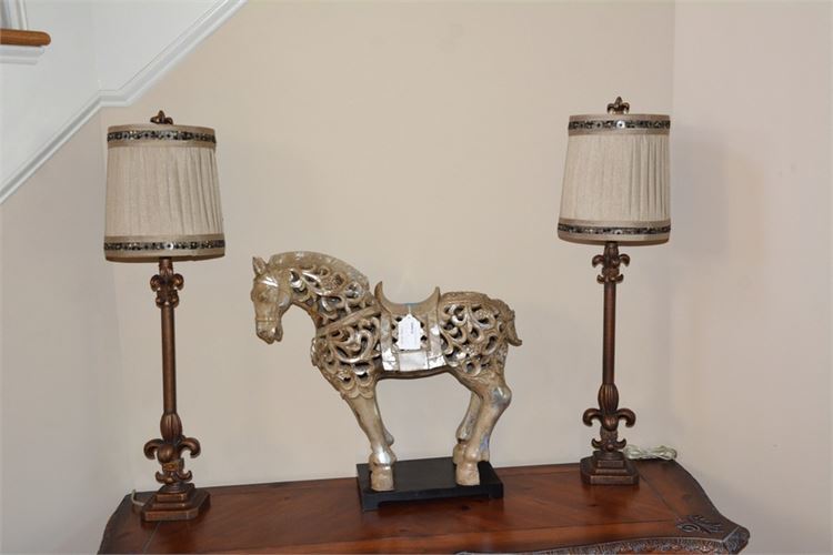 Pair Traditional Style Stick Lamps With Embellished Pleated Shades