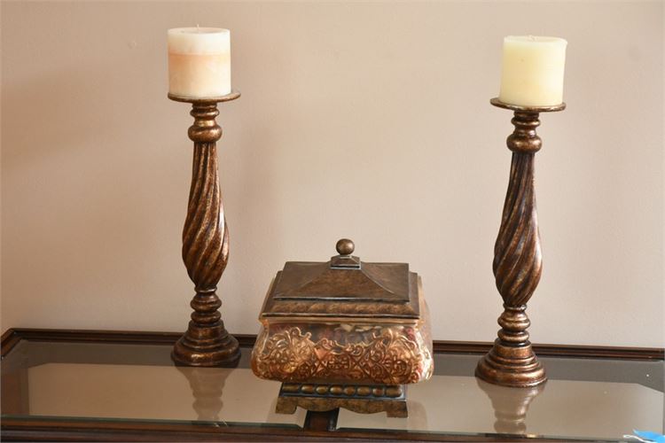 Pair Traditional Style Candle Holders and Lidded Box