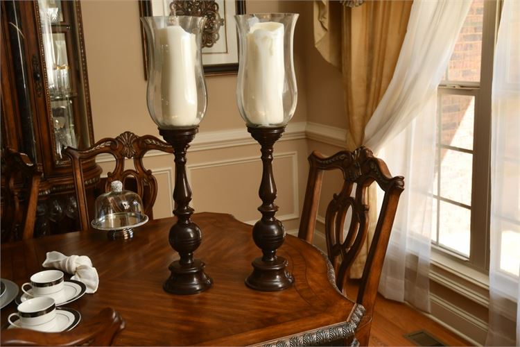 Pair Metal Candle Sticks with Hurricane Shades