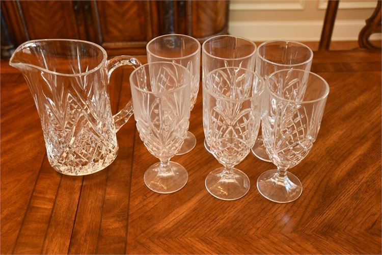 Six (6) Crystal Water Glasses and Pitcher