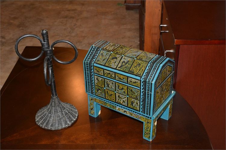 Painted Wooden Box on Stand and Hand Towel Stand