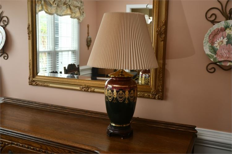 Red Green and Gold Table Lamp With Pleated Shade
